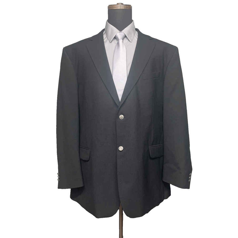 Vtg Stafford Black Wool Blend Sport Coat Blazer Mens 50L Metal Buttons Classic